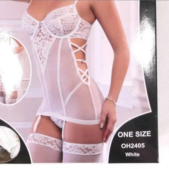 White Lace Bustier Lingerie Set G World Criss Cross Sheer One Size OH2405